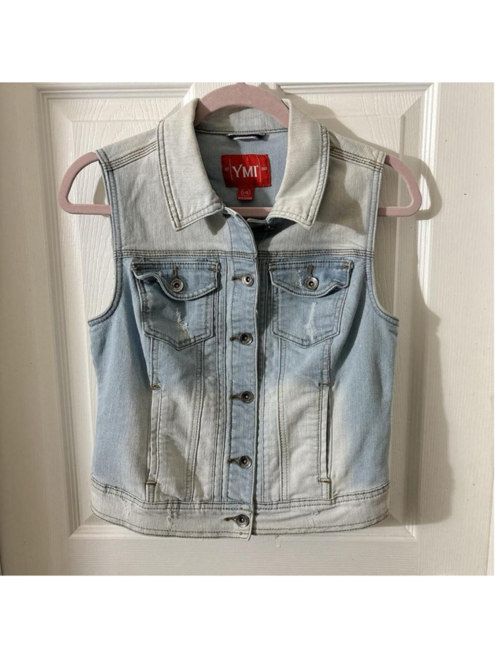 Y2K YMI Retro Millennial Women's Light Wash Distressed Blue Denim Vest - Picture 3 of 8